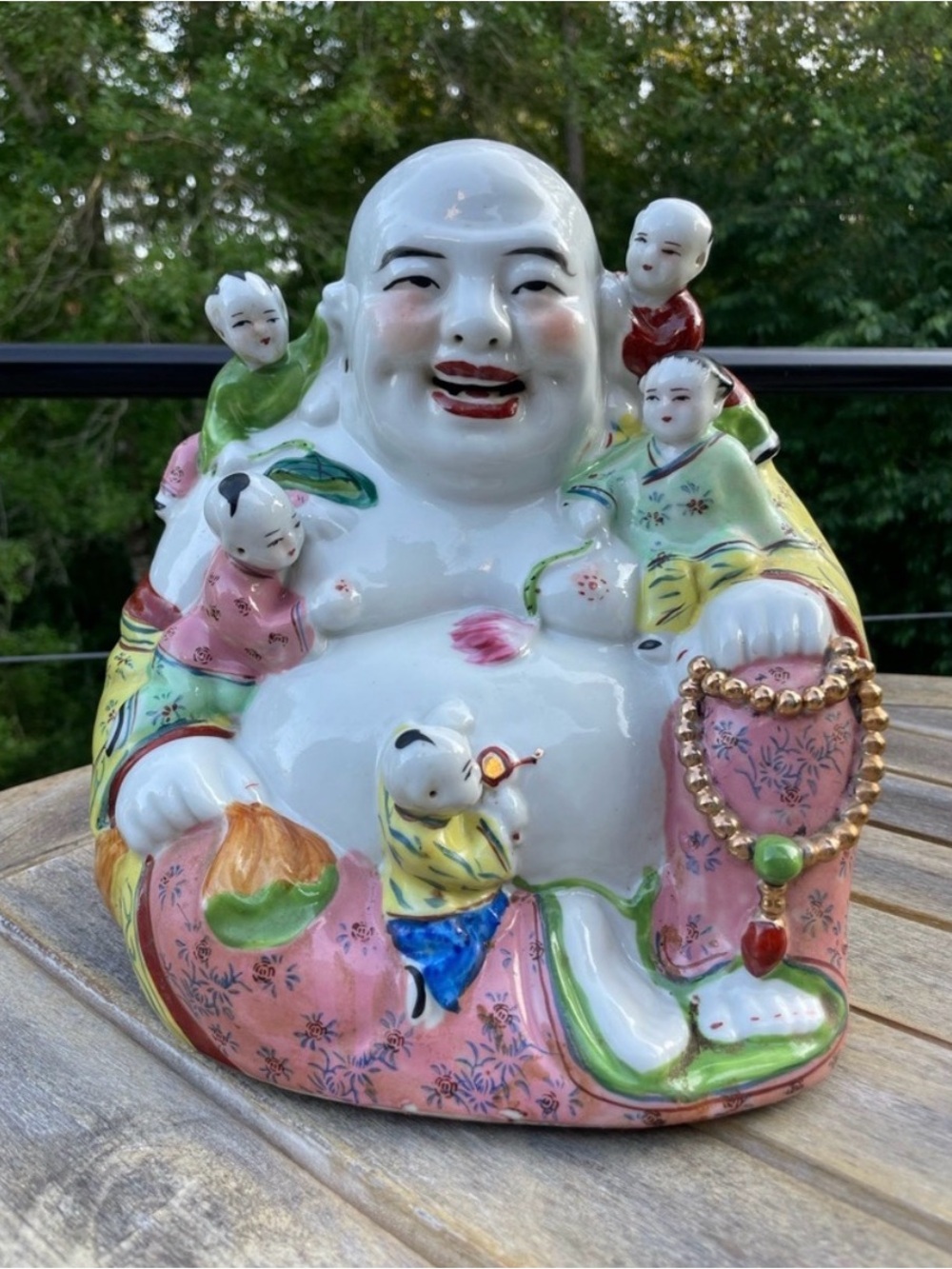 Vintage Chinese Famille Rose Porcelain Laughing Buddha Figurine 5 Children 10”